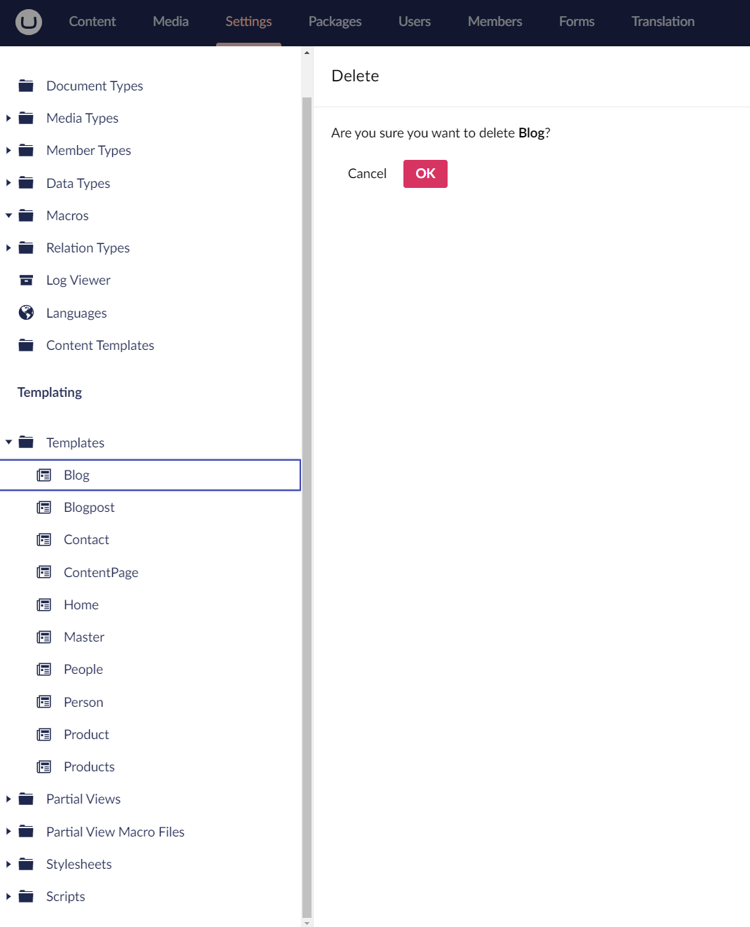 Backoffice - removing templates