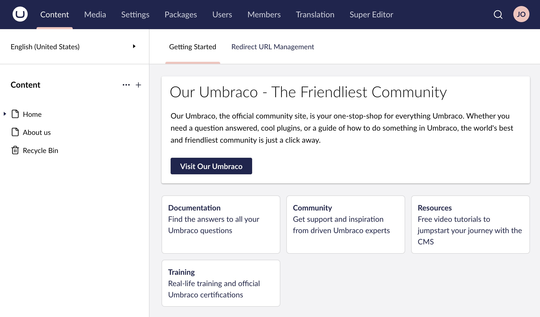 The Getting Started dashboard in Umbraco
