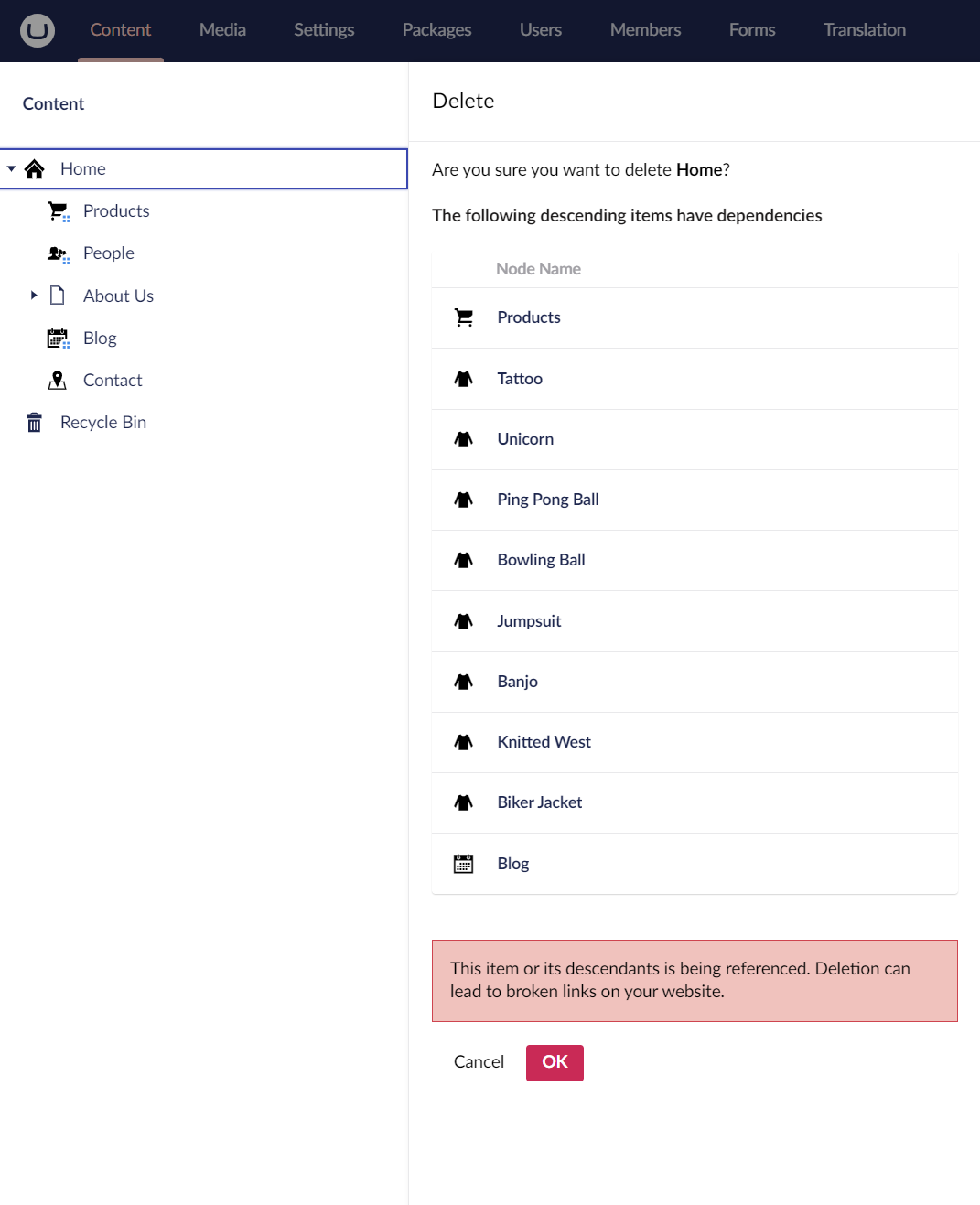 Backoffice - removing content