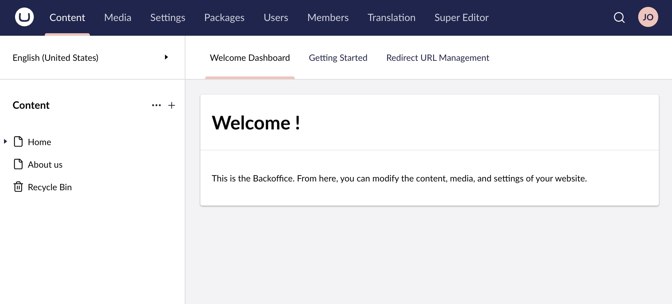 The Welcome Dashboard shown in the Content section